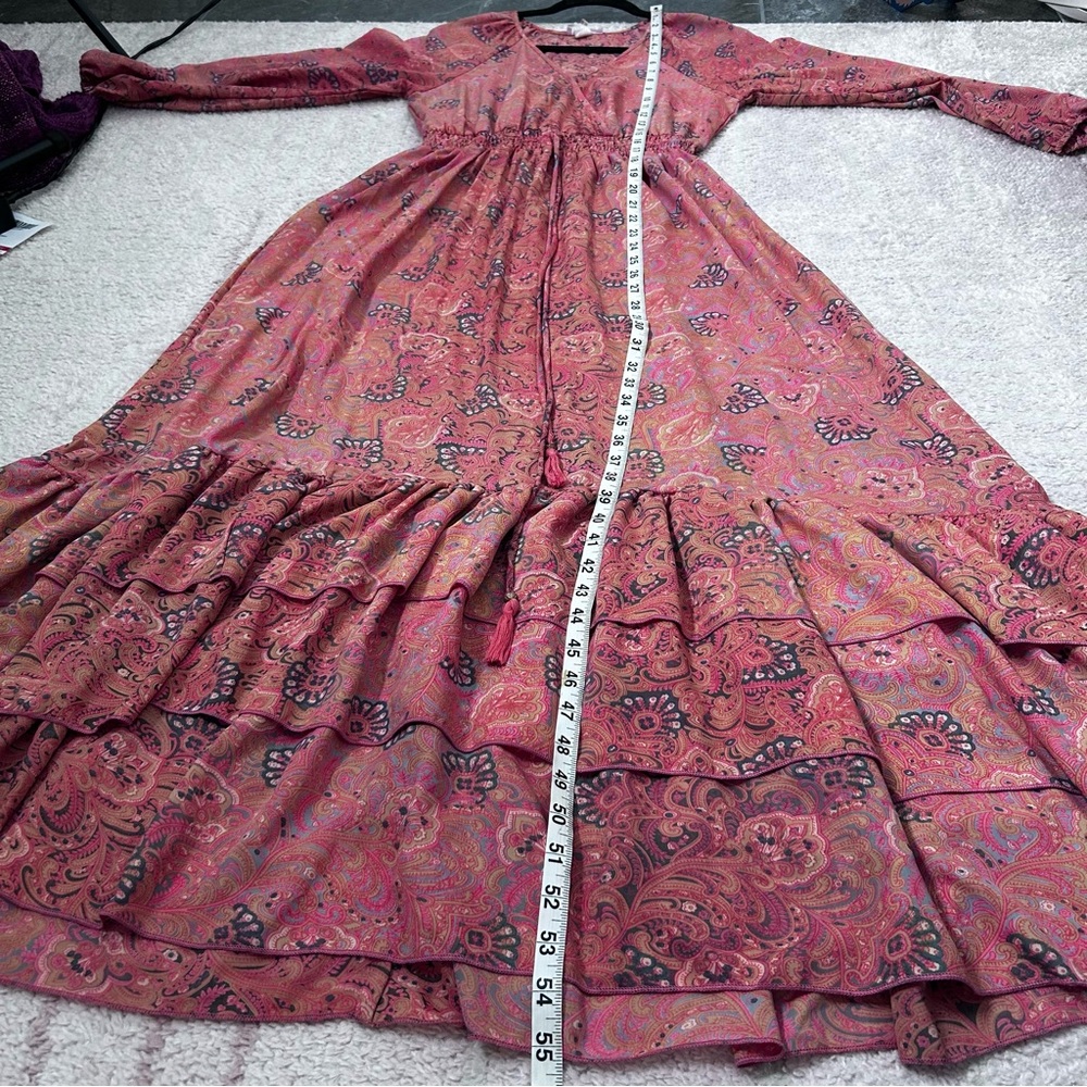 Boemo Long Sleeve Coral Blue Paisley Tiered Maxi Dress Size Small Bohemian - Picture 9 of 12
